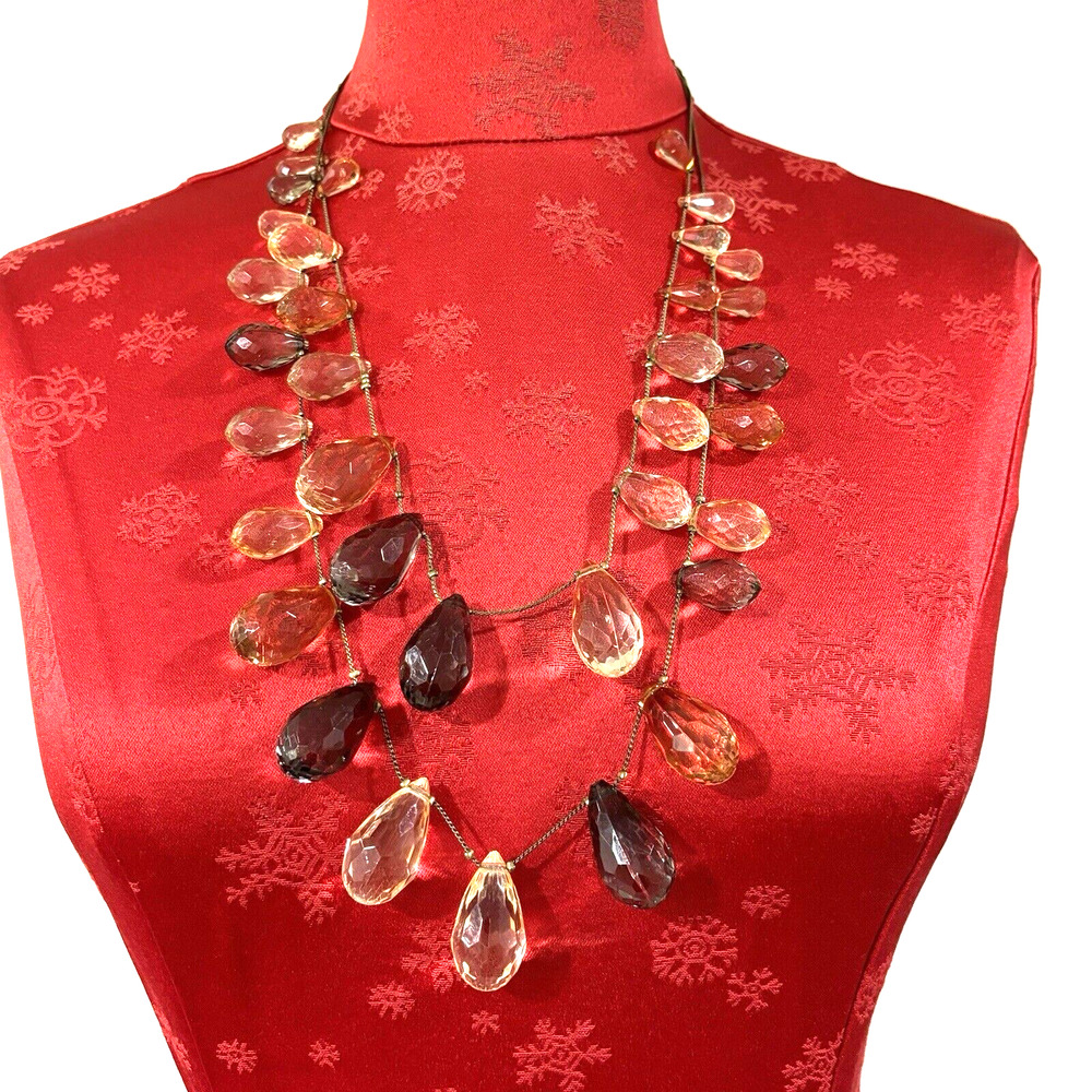 Chico’s Multistrand Chain Beaded Necklace Crystal Teardrops Peach White Gray